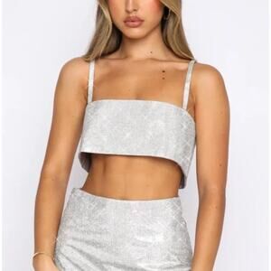 White Fox Boutique Silver Rhinestone Sequined Bandeau Crop Top Size XS/S